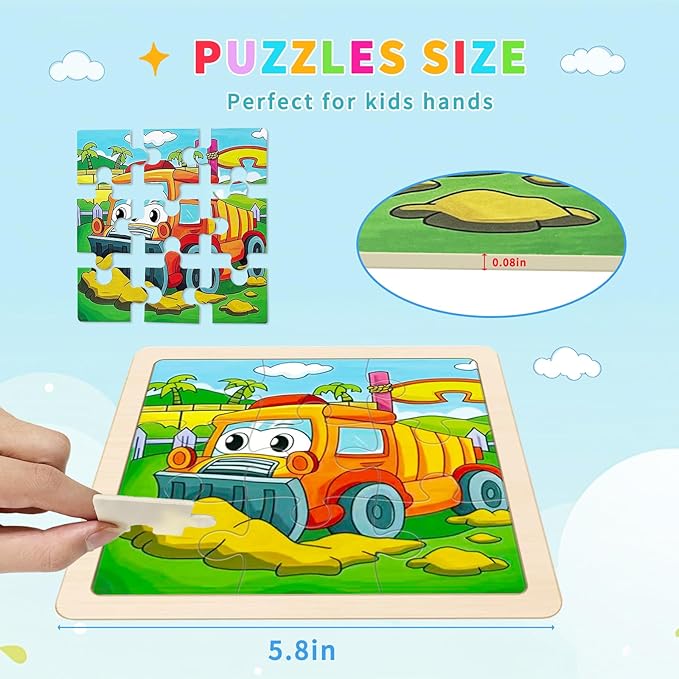 Wooden Puzzles for Toddlers 3-5,9 Pieces Jigsaw Puzzles for Kids Ages 3-5,Construction Vehicle Jigsaw Puzzle Preschool Learning Toy Gift for Boys Girls 3 4 5 Years Old