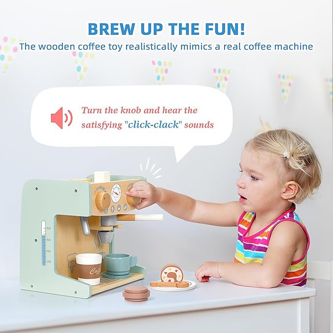 OOOK 2-in-1 Kids Wooden Toy Coffee Maker Playset, Toddler Pretend Play Kitchen Food Small Coffee Shop with 28 Pcs Play Kitchen Accessories for Girls & Boys