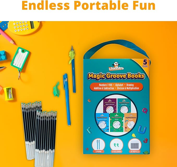 Channie’s Magic Groove Book Set, Kids’ Reusable Activity Books, Fun Workbooks for Homeschool or Extra Practice; Improve Handwriting Skills, Letter & Number Formation, Includes 5 Books