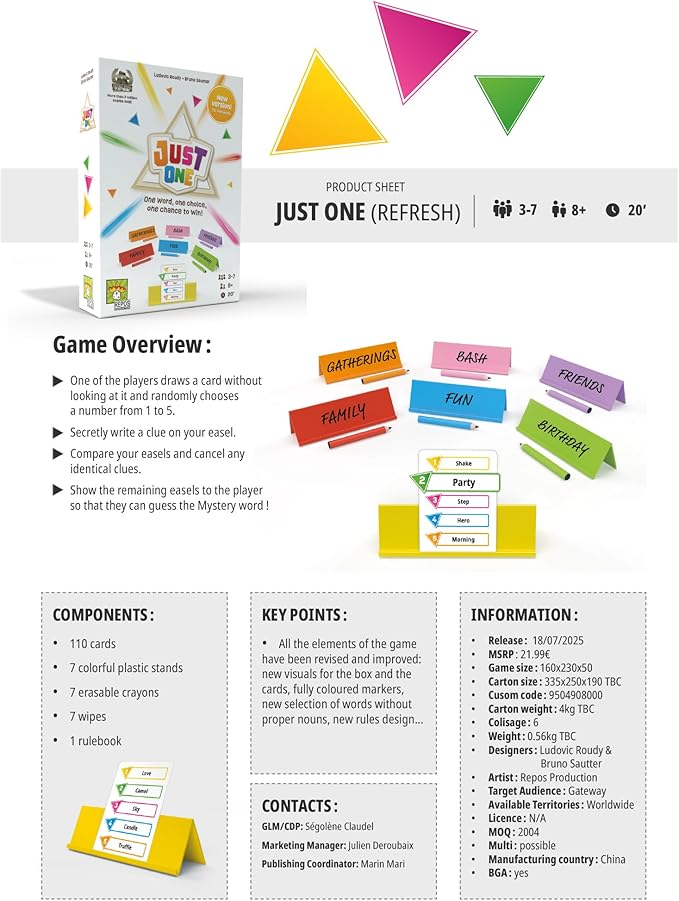Asmodee Just One Party Game (2025 Refresh) - Cooperative Mystery Word Guessing Fun for Family & Friends, Kids & Adults, Ages 8+, 3-7 Players, 15 Minute Playtime