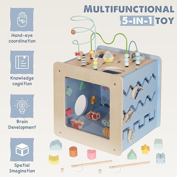 Wooden Activity Cube with Bead Maze, 7-in-1 Montessori Toys for 1+ Year Old Boys&Girls,Kids Educational Learning Toys for Toddlers Age 1-2,Under The Sea Adventure Cube with Fishing Game&Shape Sorter