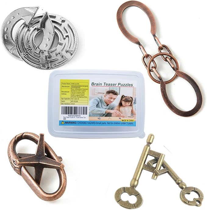 Brain Teaser Puzzles with Plastic Box,4 Pieces Metal Cast Puzzle Games Toys for Kids and Adults IQ Test,IQ Educational Box for Teens