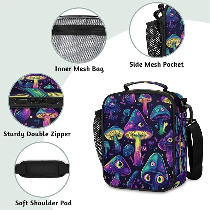 Mushrooms Insulated Lunch Box Kids Reusable Portable Lunchbox Bag with Adjustable Shoulder Strap and Water Bottle Holder for Work School Travel