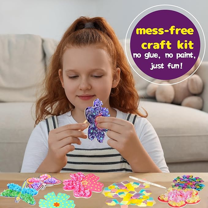Poke Arts and Crafts kit for Kids, DIY 7 Flowers & 2 Butterflies & 1 Dragonfly, Mess Free Creative Game Toys for Girl 6-8 8-12, Gifts for Boys & Girls Ages 6 7 8 9 10 11 12 Years Old
