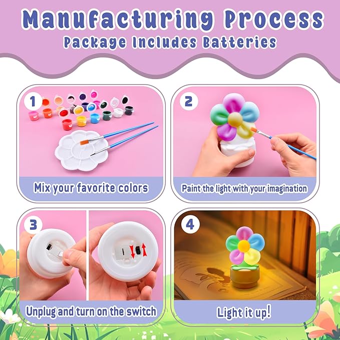ASIOWELY Paint Your Own Flower Lamp Kit,Arts and Crafts Supplies for Kids Toys Ages 4-6-8-12,DIY Art Night Light Painting Set for Girls Ages 5-10,Birthday Gifts for 3-12 + Year Old Toddler Teens Adult