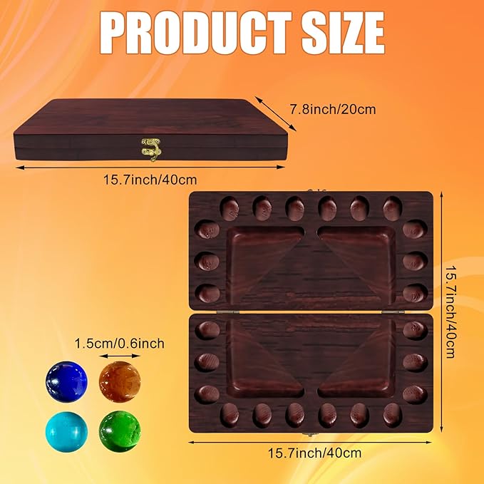 4-Player Mancala Board Game, Foldable Solid Wood with 110 Multi-Coloured Glass Beads, Instruction Manual, Non-Slip Mat,Suitable for Family Party Travelling Adults Puzzle Interactive Game.