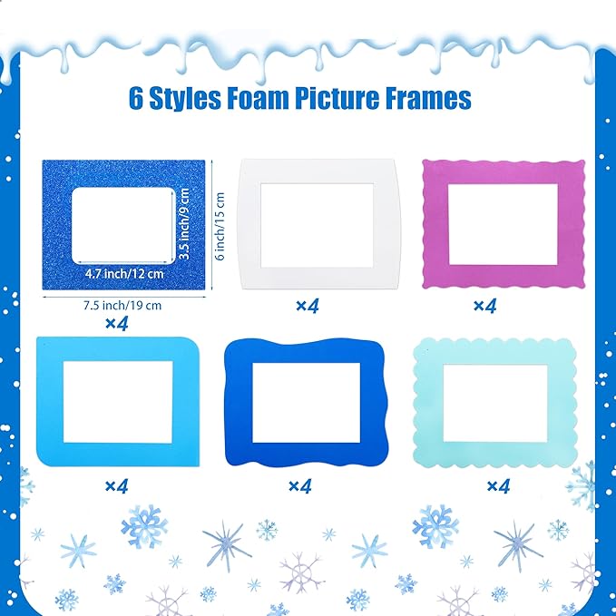 Fovths 24 Packs Winter Foam Picture Frame Kits DIY Winter Snowflake Frame Crafts Picture Craft with 300 Self Adhesive Stickers for Xmas Party Favors Birthday Home Decor