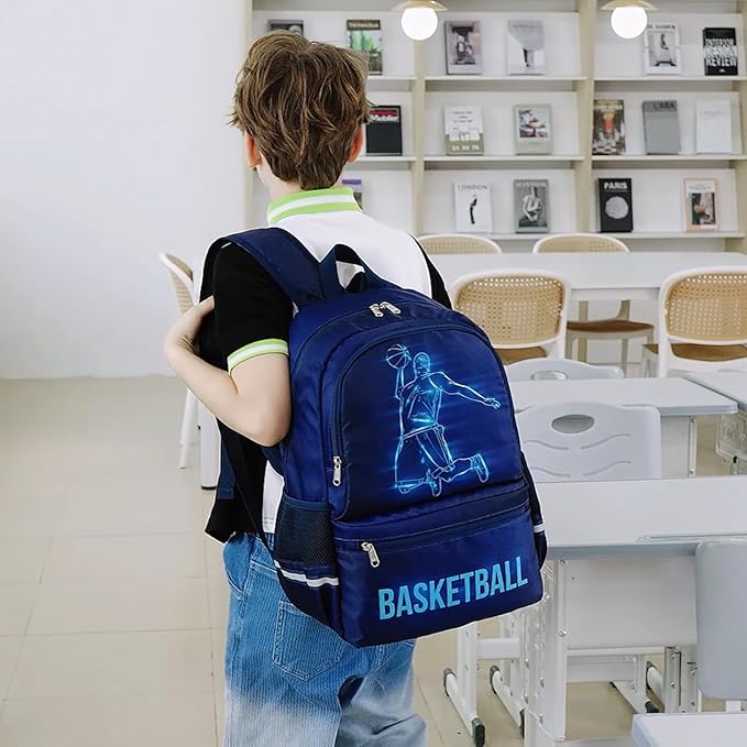 JIANYA Kids Backpack for School Boys, Basketball Themed Backpack with Lunch Box Elementary Kids School Bag Travel Back Pack for Boy, Blue