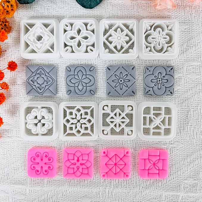 Xaekicr 8PCS Tile Pattern Polymer Clay Cutters Set – Mediterranean Geometric Clay Cutters and Textured Molds, Clay Tools for Polymer Clay Jewelry and Crafts