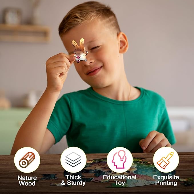 Christmas Birthday Gifts for Kids Girls Boys, Wooden Jigsaw Puzzles for Kids Ages 4-6, 50 Piece Unique Shape Animal Theme Puzzle - Preschool Learning Educational Toys for Kid 3+ (Rabbits)
