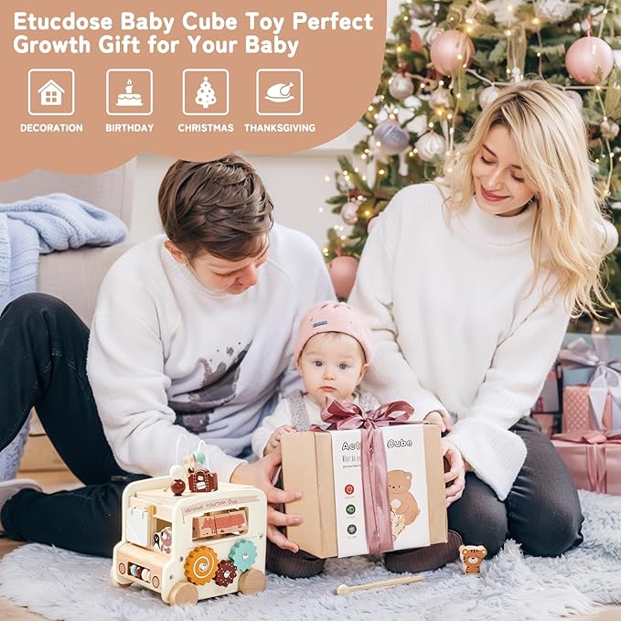 Wooden Activity Cube 8-in-1 Montessori Toys | Multifunctional Early Educational Learning Toys | Wooden Toy for Baby Shape Sorter Xylophone Animal Travel Bus Boy Girl Birthday Gift（Beige Bus）