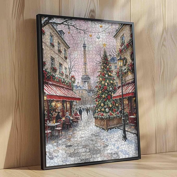 Merry Christmas 1000 Piece Jigsaw Puzzle for Adults America Eiffel Tower Painting Jigsaw Puzzle 1000 Pieces Cafe Puzzles 20''x27”inch Chrsitmas Xmas Trees DIY Puzzle Art Wall Decor Family Challenging
