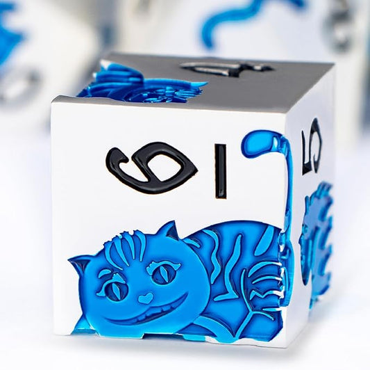 Metal DND Cat Dice 7PCS Polyhedral RPG Dice Set with Gift Case for Dungeons Dragons Role Playing Game, D and D Dice D6 D8 D10 D12 D20 D% (Silver Blue)