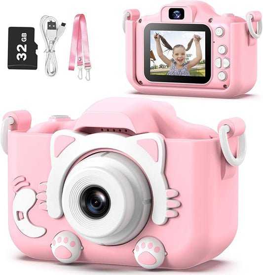 Goopow Kids Camera Toys for 3-8 Year Old Girls Boys,Children Digital Video Camcorder Camera with Cartoon Soft Cover, Best Chritmas Birthday Festival Gift for Kids - 32G SD Card Included