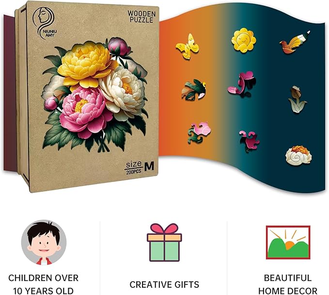 Wooden Puzzle, Multi-Color Peony Flower, Adult Wooden Puzzle, Colorful Wood Carving Puzzle Designed for Family and Friends, 11 * 11 inches, 200 Pieces (Medium)
