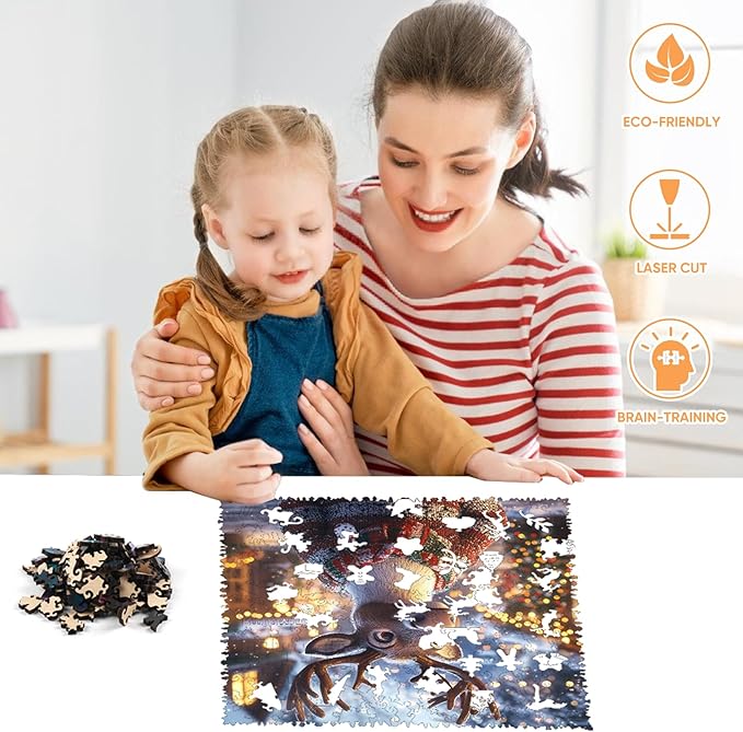 Ruikiyart Wooden Puzzles for Adults, Christmas Sweater Deer 200 Pieces Wooden Jigsaw Puzzles, Unique Shapes Pieces Christmas Deer Puzzle Great Gift for Kids and Adults (11.2"x11.2")