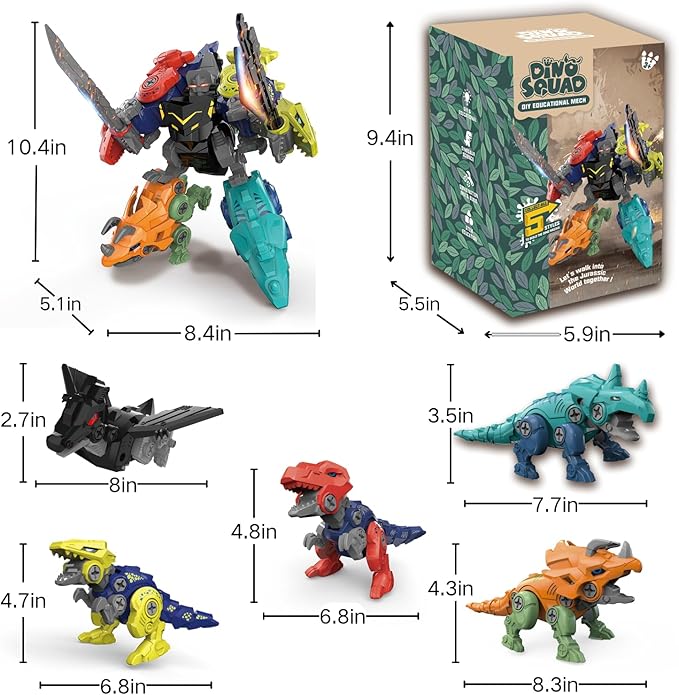 Dinosaur Transform Robot 5 in 1 Take Apart Toys Set for boy Kid Age 3 4 5 6 7 8 Years Old Construction Building DIY with Drill Tool Kit Best Gift for Birthday Christmas Easter