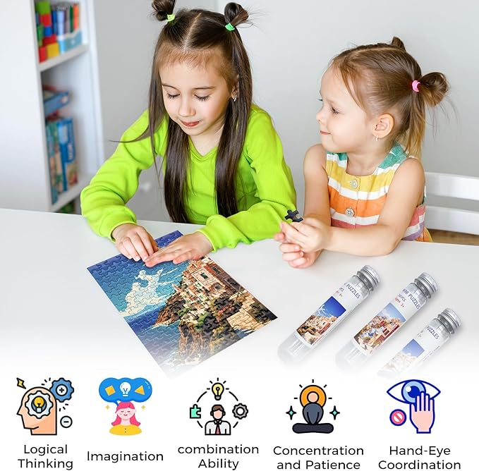 150 Pieces Mini Jigsaw Puzzles for Adults & Kids,6 x 4 Inches,Mini Puzzles,Travel Puzzle,Small Micro Puzzles,Challenging Difficult Puzzle,3 Pack Aegean Sea Santorini