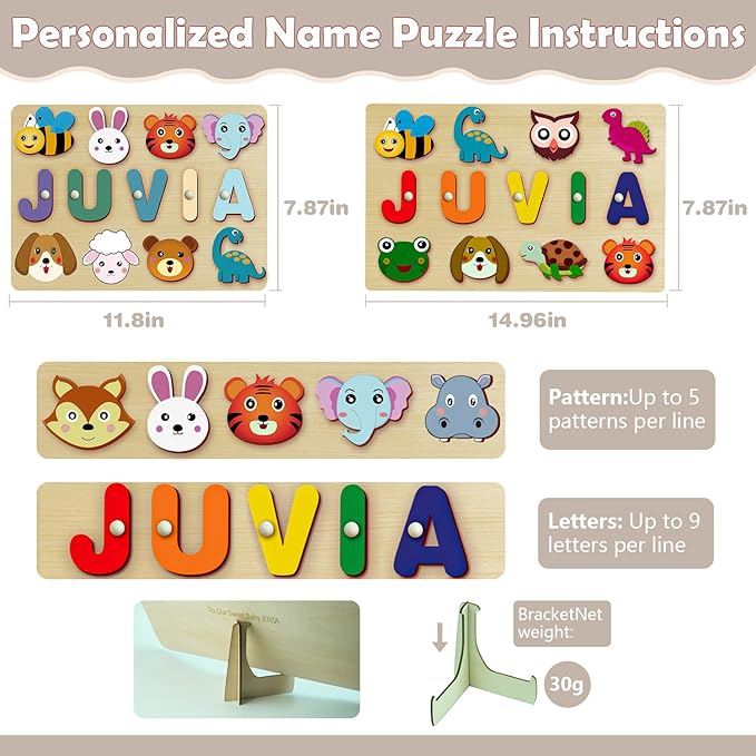 Name Puzzle for Kids Personalized - Custom Name Puzzles for Toddlers 1-3, Customized Wooden Animal Puzzle, Baby Gifts, Baby Shower, Christmas, Newbaby Gift, Gifts for 0 1 2 3 Years Old