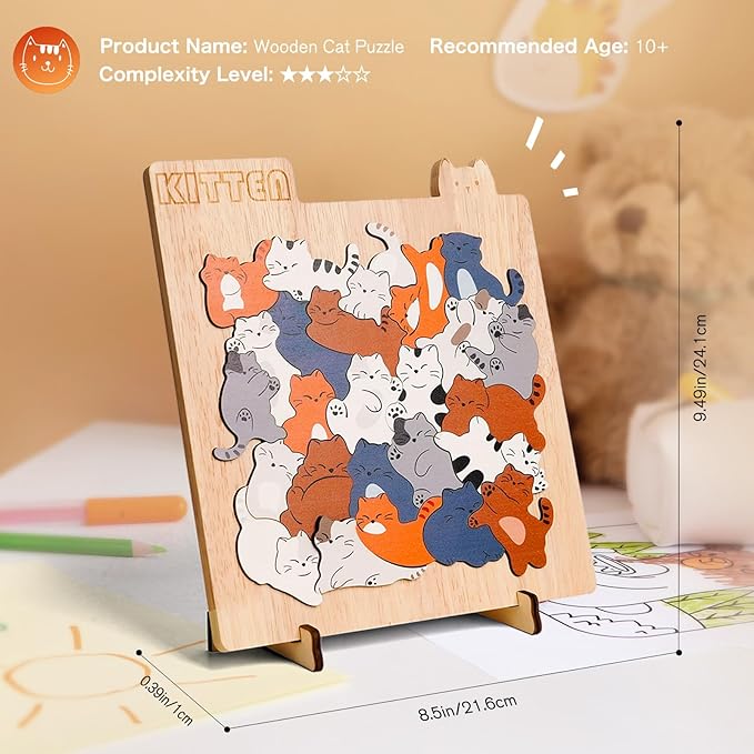 Wooden Cat Puzzle Game, Wooden Jigsaw Puzzles for Adults Kids, Unique Shape Puzzles, Cat Gifts for Women Girls and cat Lovers