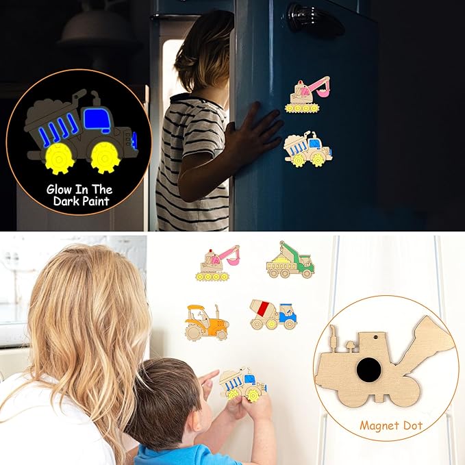 LARDUX Construction Party Favors, 24PCS DIY Wooden Arts & Crafts Painting Kit for Kids , Glow in The Dark Party Favors Family Crafts Birthday Party Christmas Gifts Toys for Boys Girls
