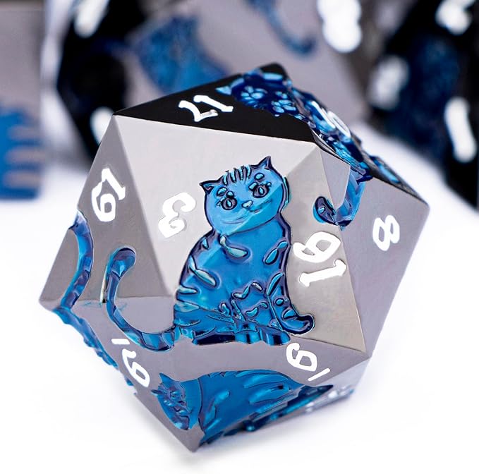 Metal DND Cat Dice 7PCS Polyhedral RPG Dice Set with Gift Case for Dungeons Dragons Role Playing Game, D and D Dice D6 D8 D10 D12 D20 D% (Blue Black)