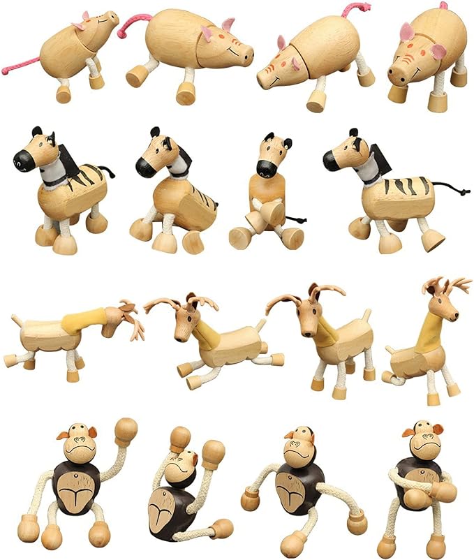 14 Pack Bendable Wooden Animal Toys, Smooth Natural Wood Zoo Farm Jungle Safari Animals Figures, Preschool Learning & Education Toys for Toddlers Kids