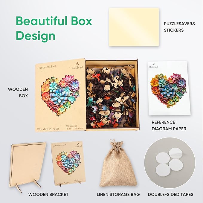 Ruikiyart Wooden Puzzles for Adults, 5MM 500 Pieces Succulent Heart Wooden Jigsaw Puzzles, Plant Unique Shaped Puzzle Gifts for Adults and Kids on Thanksgiving, Family Puzzle Games(17.4"*17.1")
