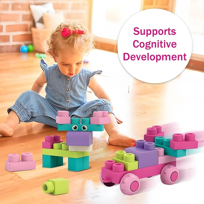 Soft Building Blocks for Toddlers, Stacking Blocks for Babies 6 Months and Up STEM Toddler Gifts, Large Construction Block Set Rubber Blocks Bag with 42 Pieces and Storage,Gift for Easter