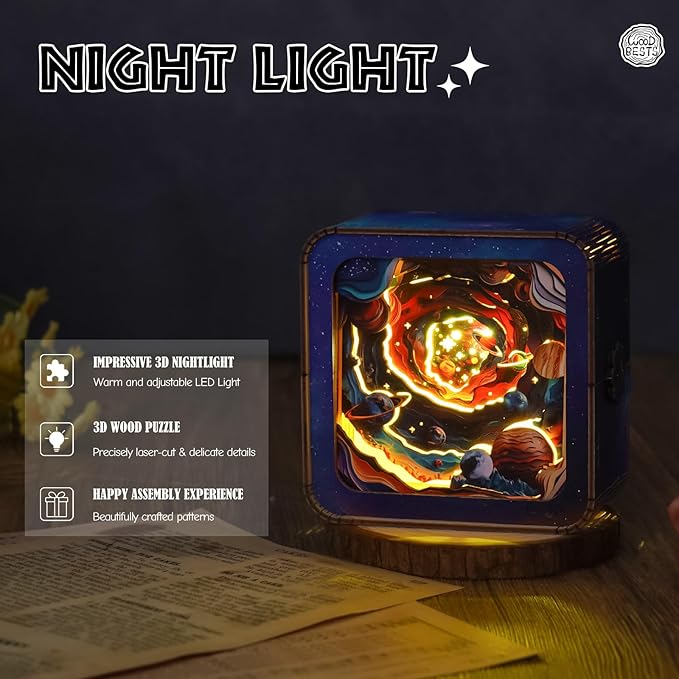 3D Wooden Puzzle Night Light, Interstellar Space DIY Puzzles for Adults, Eye Care Night Light with Touchable Switch, Personalized Gifts for Family Friend DIY Puzzle Lover