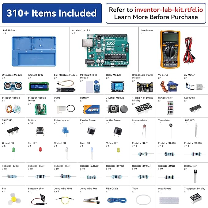 SunFounder Inventor Lab Starter Kit with Original Arduino Uno R3 REV3 Board Multimeter Basic to Advance 34 Projects RAB Breadboard Holder HCSR-04 Sensor 1602 LCD Servo Motor