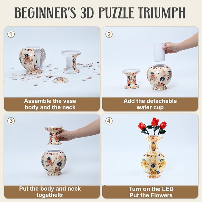 LED Flower Puzzle Vase for Adults, 200-Piece 3D Puzzle Vases for Home and Office Decor, Unique Flower Vase for Living Room & Bedroom, Creative Crafts for Adults