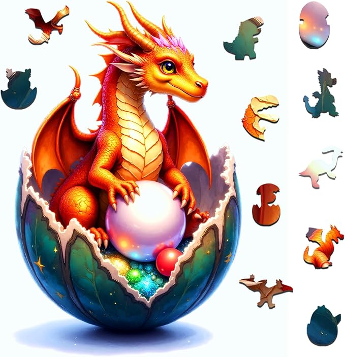 Wooden Jigsaw Puzzles for Adults and Kids, Dragon Hatchling 200 Piece Unique Shaped Puzzle, Family Game and Creative Wooden Puzzle Gift, Wall Art Decor