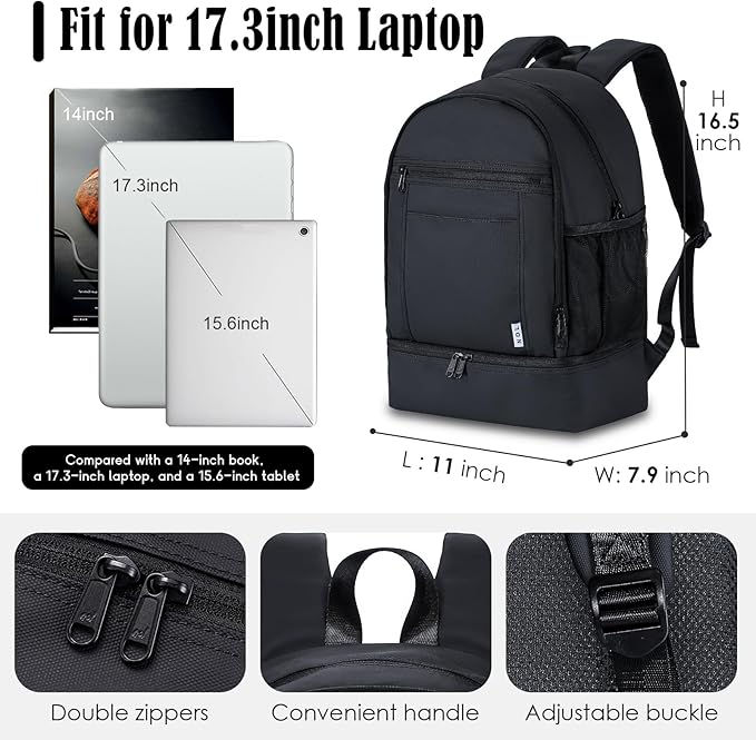 NOL Natural Organic Lifestyle Kids 2-in-1 Backpack & Insulated Lunch Bag-16 Multi-Functional Large Compartments Backpack for School & Travel, Double Deck, Water Resistant, Leak-proof, Padded (Black)