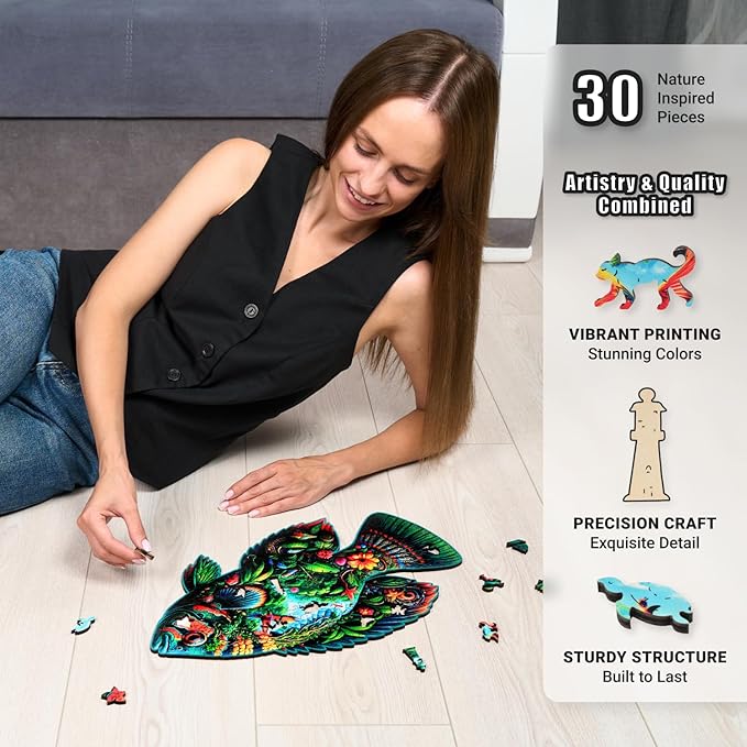 LEOGOR Wooden Jigsaw Puzzles for Adults 200 Pieces (16 × 9.6 in), Fish Puzzle, Extra-Thick 5mm Wood, Sea Life Mosaic Design, Unique Animal Shapes, Relaxing Artistic Gift for Adults and Teens