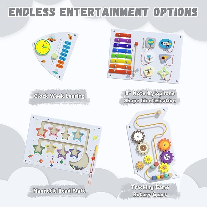 Montessori Busy Board - White Rocket Activity Wall Panels, Wall Toys for Toddlers 3+, Sensory Panels for Kids, Wooden Activity Cubes, Playroom Daycare Toys, Toddler Sensory Board (4PCS)