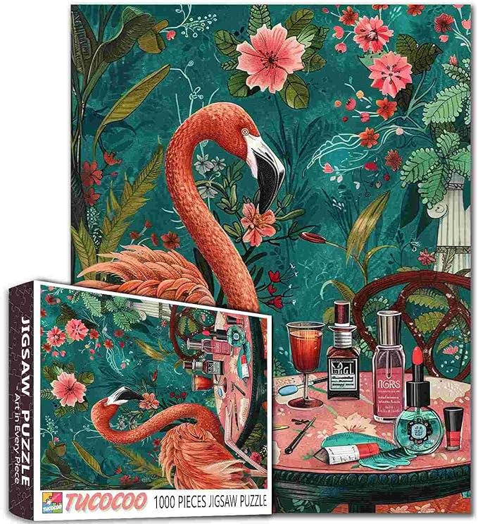 Funny Animal Flamingo Manicure Jigsaw Puzzle 1000 Pieces Puzzles for Adults, Bohemia Floral Tropical Plant Art Puzzle for Challenging Family Activity Games DIY Crafts Puzzle for Home Decor Gifts
