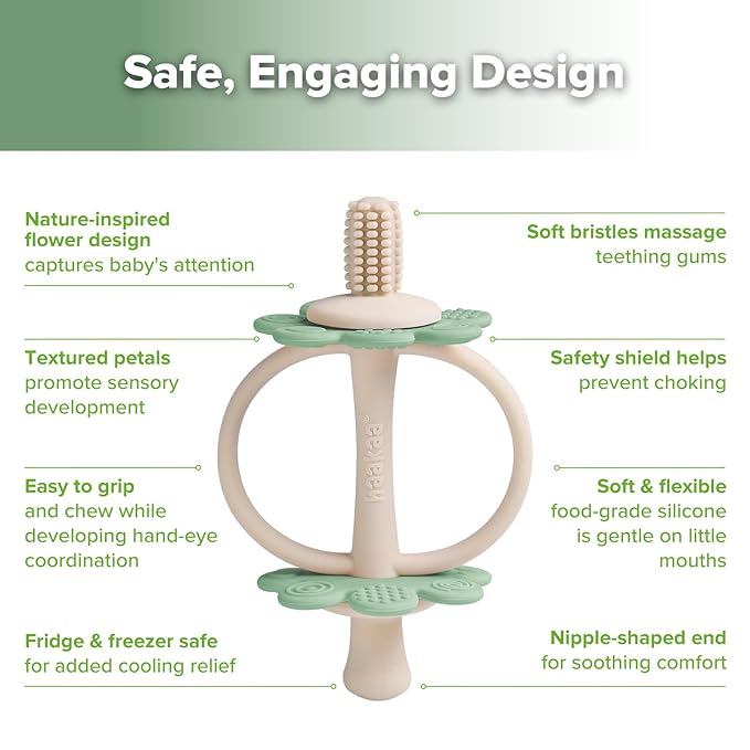 haakaa Silicone Baby Teething Toys,Nipple-Shaped End for Gum Massage,360° Baby Toothbrush Head for Self-Brushing Training,Easy to Grip-Pea Green