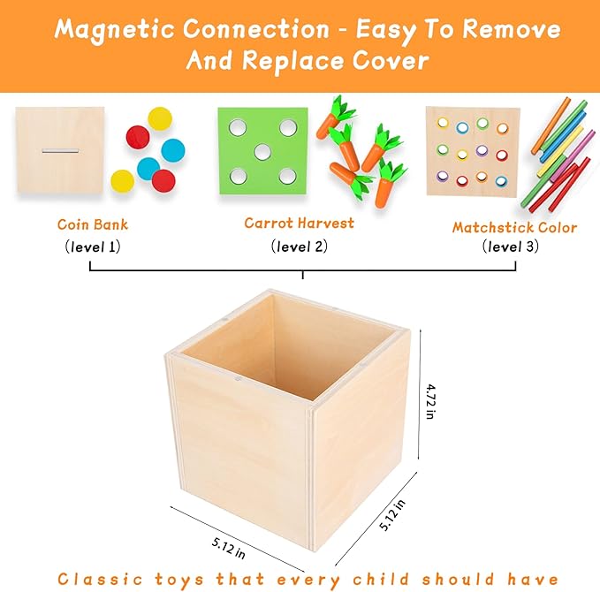 Adena Montessori 3 for 1 Wooden Montessori Play Kit Baby Toys,includes Matchstick Color Drop Game,Carrot Harvest Game and Coin Box,Learning Toy for Kid 1,2,3 Year Old,Girl Boy Gift for Baby 6-12 Month
