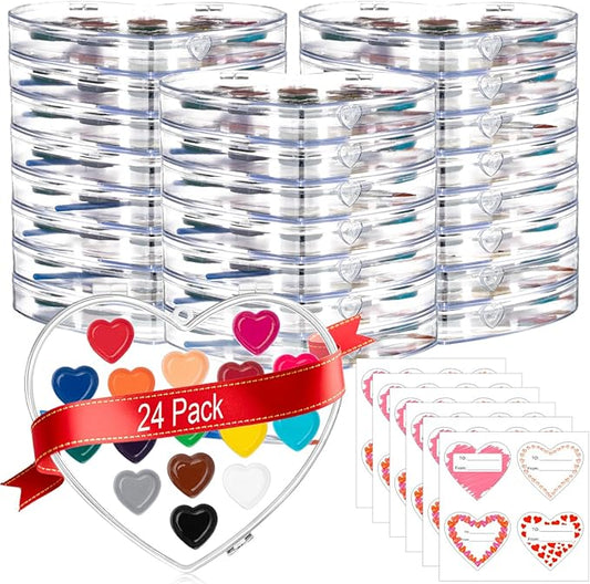 Valentines Day Gifts for Kids, 24 Pack 16 Colors Watercolor Paint Set with Paintbrush for Kids, Prizes Exchange Gifts Valentines Party Favors for Preschool Classroom School
