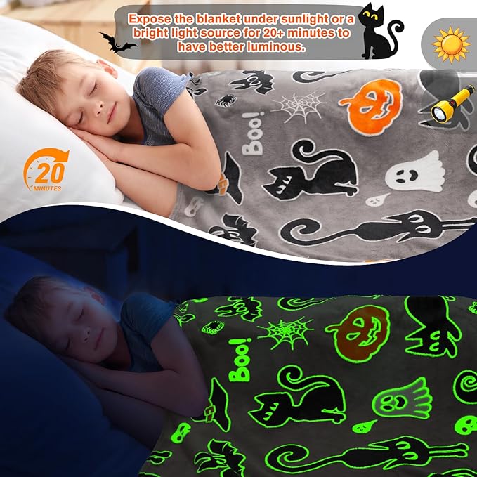 Halloween Glow in The Dark Blanket Gifts Toy for Boys Girls Daughter Son Glowing Black Cat Pumpkin Ghost Bat Witch Hat Spooky Soft Cozy Throw Party Favors Present for Kids Adult Sofa Bed Decor 50"x60"