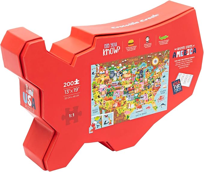 Crocodile Creek 200-Piece Jigsaw Floor Puzzle - Unique Puzzles for Kids Ages 6-8 and Up - Heavy-Duty Shaped Box for Storage - Includes a Fun Fact Booklet - USA Puzzle - 13" L x 19" H Finished