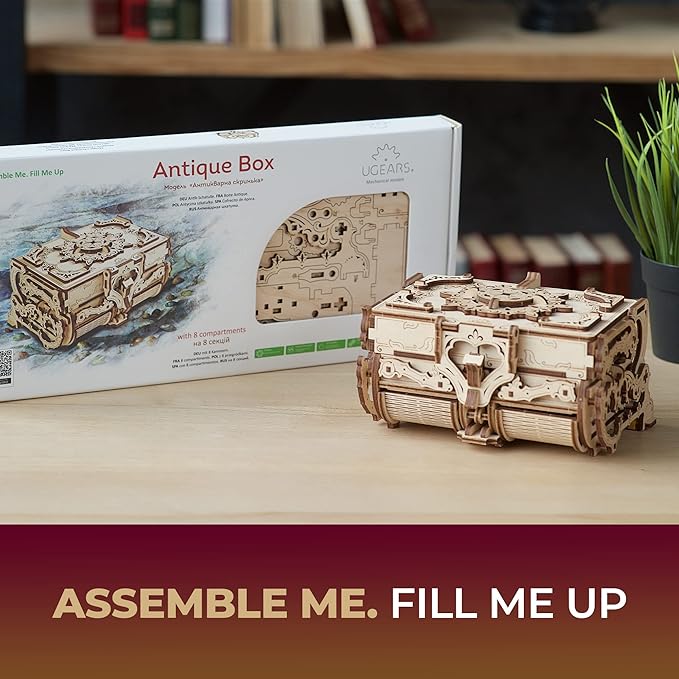 UGEARS 3D Wooden Puzzles Box - 3D Puzzle Antique Wooden Box Wooden Model Kits for Adults - Laser-Cut Mechanical Model Construction Kit