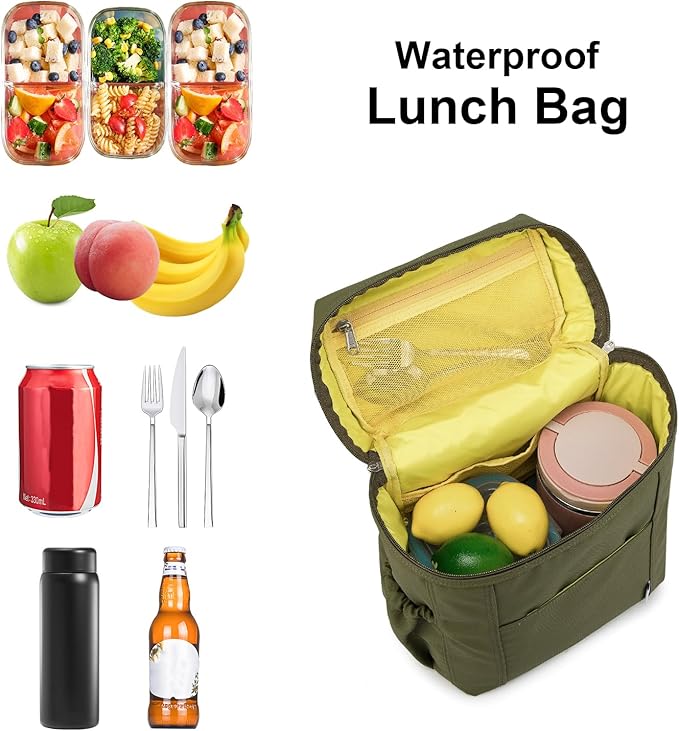 NOL Natural Organic Lifestyle Insulated Lunch Bags for Women Cooler Bag Lightweight Nylon Waterproof Lunch Box For Work (Amy green, Large)