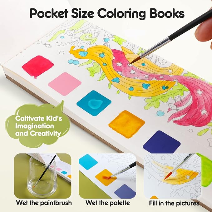 Watercolor Painting Coloring Books Arts & Crafts Kit, Pocket Watercolor Paint Bookmarks, Mess Free Paint with Water Set, Travel Activities Art Supplies Party Favors Exchange Birthday Gifts for Kids