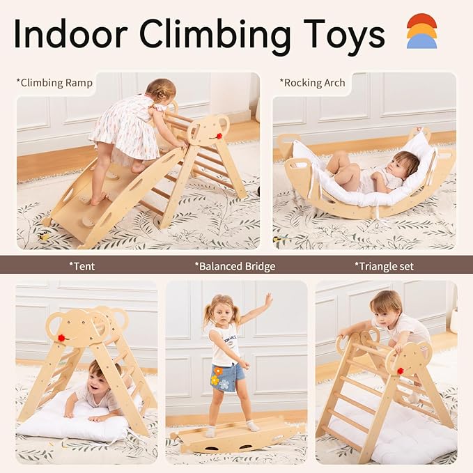 WINGYZ Pikler Triangle Climbing Set with Cushion,Wooden 8 in 1 Jungle Gyms for Toddlers 1-3, Indoor Playground for Kids ,Baby Montessori Climbers & Play Structures(Teak)