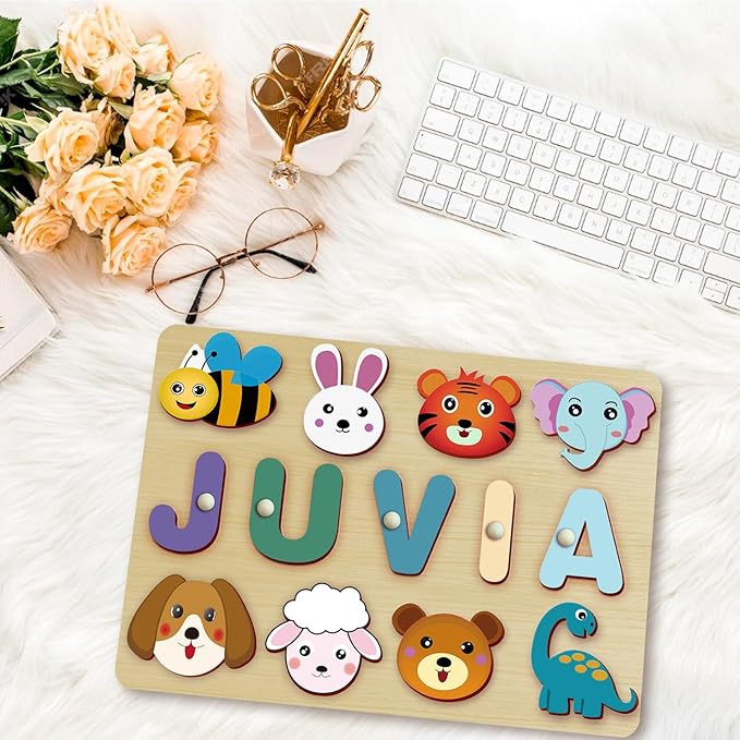 Custom Name Puzzles for Toddlers 1-3 - Name Puzzle for Kids, Personalized Wooden Animal Puzzle, Baby Gifts, Baby Shower, Christmas, Newbaby Gift, Gifts for 1 2 3 Years Old (Animal-Name -02)