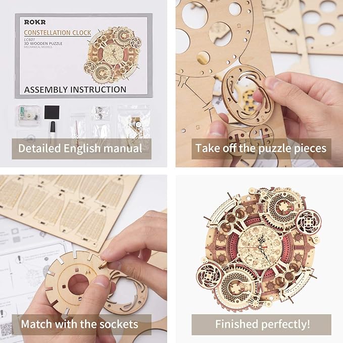 ROKR 3D Wooden Puzzle Clock Model 12"– DIY 168 PCS Mechanical Model Kit Toys Home Decor Elegant Gifts for Teens/Adults