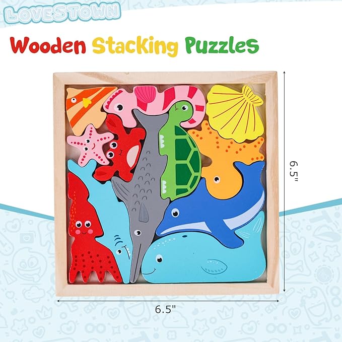 LovesTown Wooden Sea Animal Stacking Puzzles, Chunky Montessori Jigsaw Toys for Kids, Educational Preschool Learning Toys, Toddler Birthday Gifts, 12 PCS