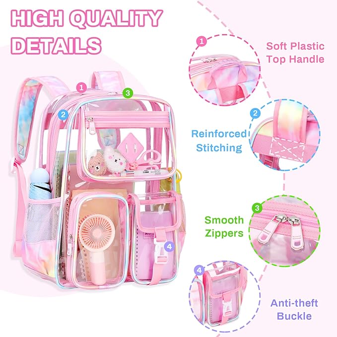 Clear Backpack for School,Heavy Duty PVC Transparent Bookbag for Girls Stadium Approved See Through Backpack